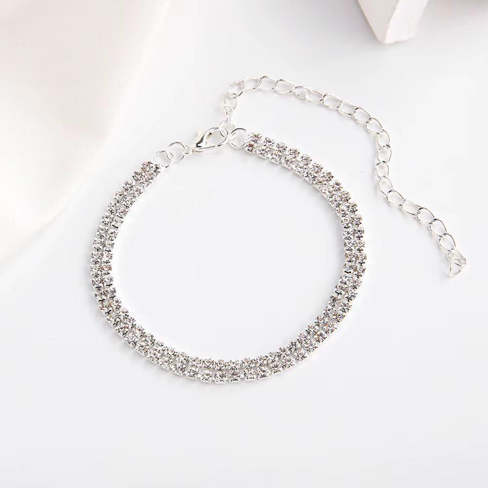 Fashion Double Row Anklet Rhinestone Beach Ankle Bracelet Chain Barefoot Tennis Summer Anklet Charm Bracelet Jewerly Gift Party