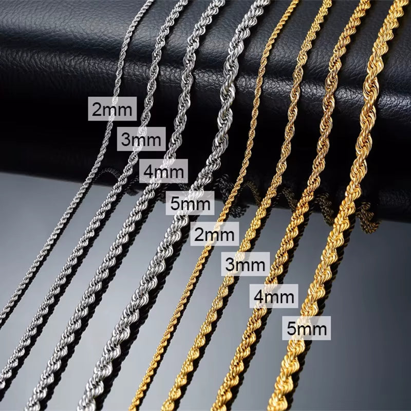 Ropes Long Necklace for Men Women,Stainless Steel Gold Color Twisted Rope Chain Collar,2/3/4/5Mm Punk Basic Waterproof Jewelry