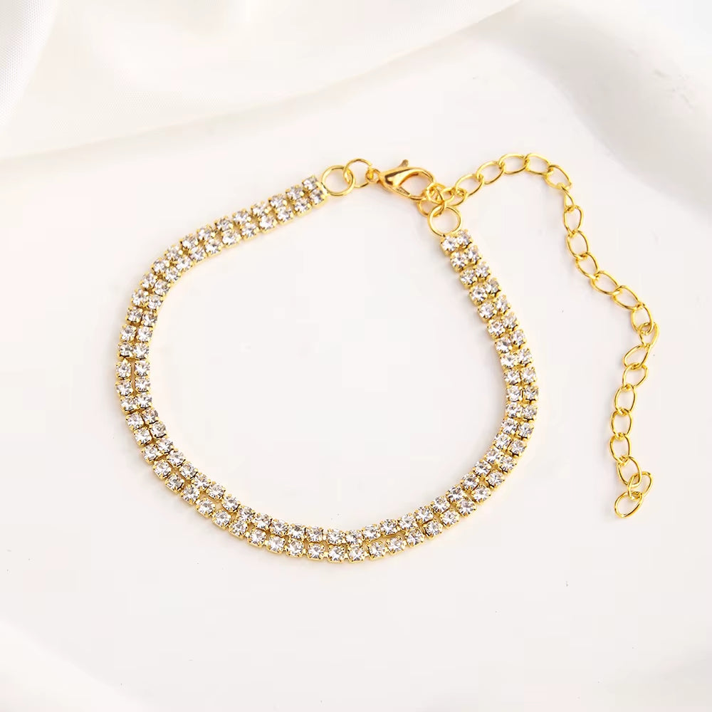 Fashion Double Row Anklet Rhinestone Beach Ankle Bracelet Chain Barefoot Tennis Summer Anklet Charm Bracelet Jewerly Gift Party