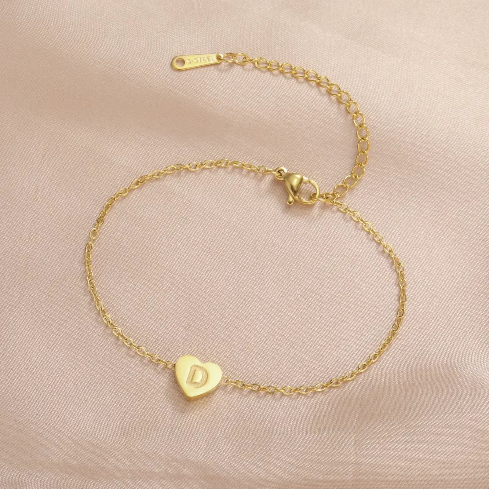 Initial Letter Mini Heart Charm Women'S Bracelets A-Z Alphabet Bracelets Stainless Steel Jewelry Valentine'S Day Gift