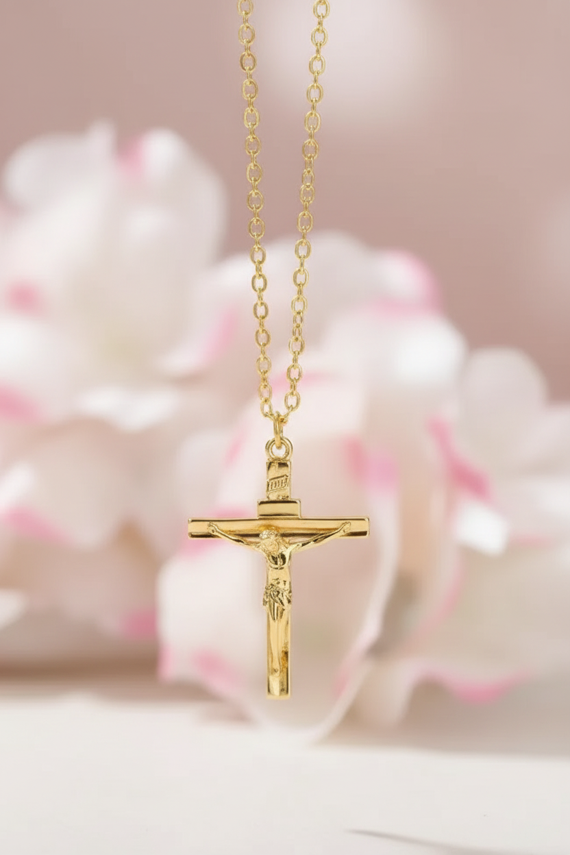 Luxury gold crucifix necklace portrait product photo